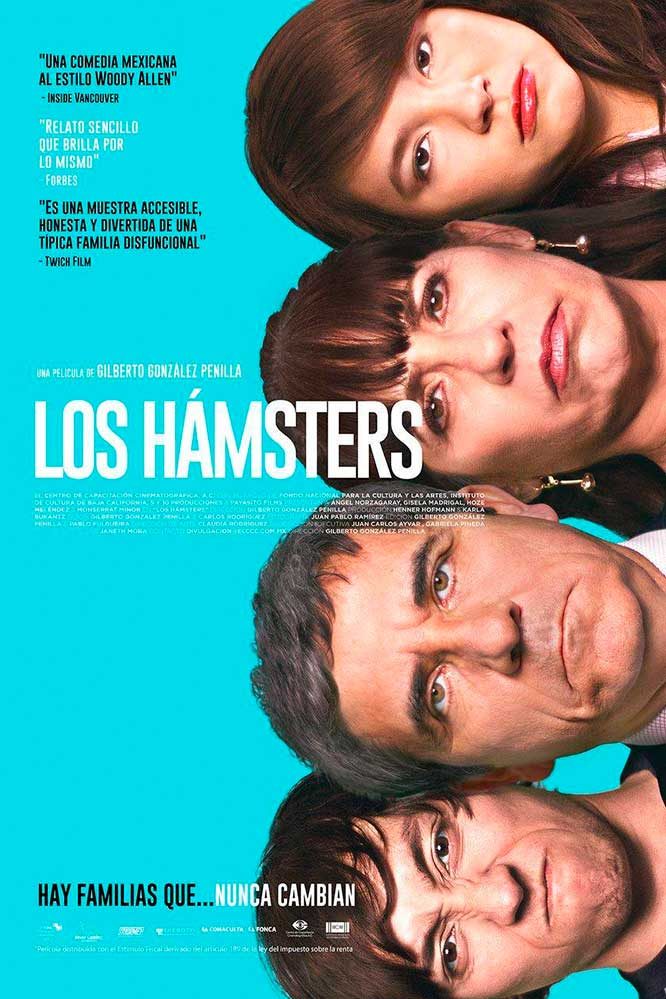 Cartel de Los Hámsters: los cuatro rostros de la familia asomados de lado sobre fondo azul; «Hay familias que… nunca cambian»